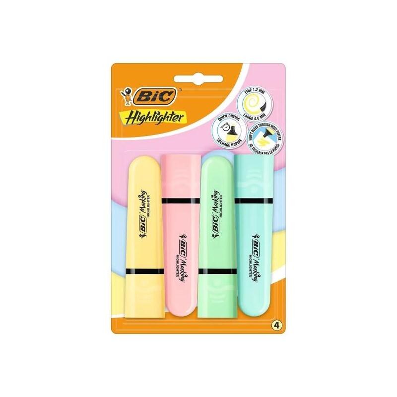 Bic Marking Highlighter Flat Pastel Pack De 4 Marcadores Fluorescentes - Punta Biselada - Trazo Entre 1.20 Y 4.60 Mm -
