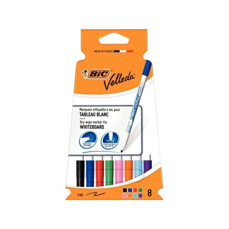 Bic Velleda 1721 Pack Con 8 Rotuladores Para Pizarra - Punta Fina - Trazo De 1.5mm - Borrado Optimo - Colores Surtidos