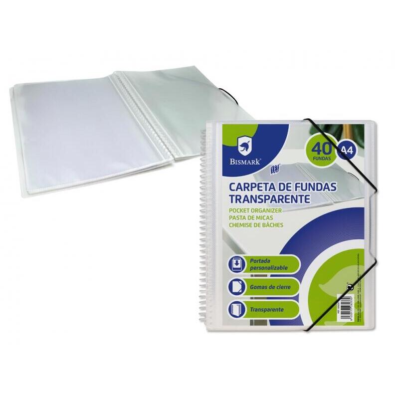 Bismark Carpeta Espiral 40 Fundas Transparente - Polipropileno - Portada Personalizable - Espiral Plastica Indeformable