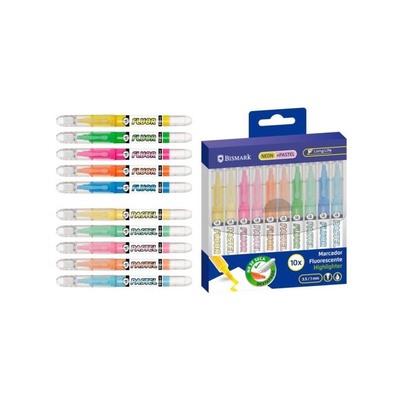 Bismark Long-Life Pack De 10 Marcadores Fluorescentes - 5x Neon Y 5x Pastel - Tinta Liquida - Punta Biselada - Ideal