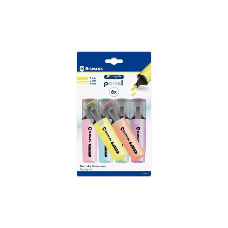 Bismark Long-Life Pack De 6 Marcadores Fluorescente Pastel - Tinta De Secado Rapido - Punta Biselada - Ideal Para