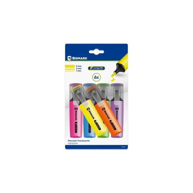 Bismark Long-Life Pack De 6 Marcadores Fluorescentes Neon - Tinta De Secado Rapido - Punta Biselada - Ideal Para