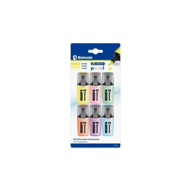 Bismark Long-Life Pack De 6 Mini Marcadores Fluorescentes Pastel - Tinta De Secado Rapido - Punta Biselada - Ideal Para