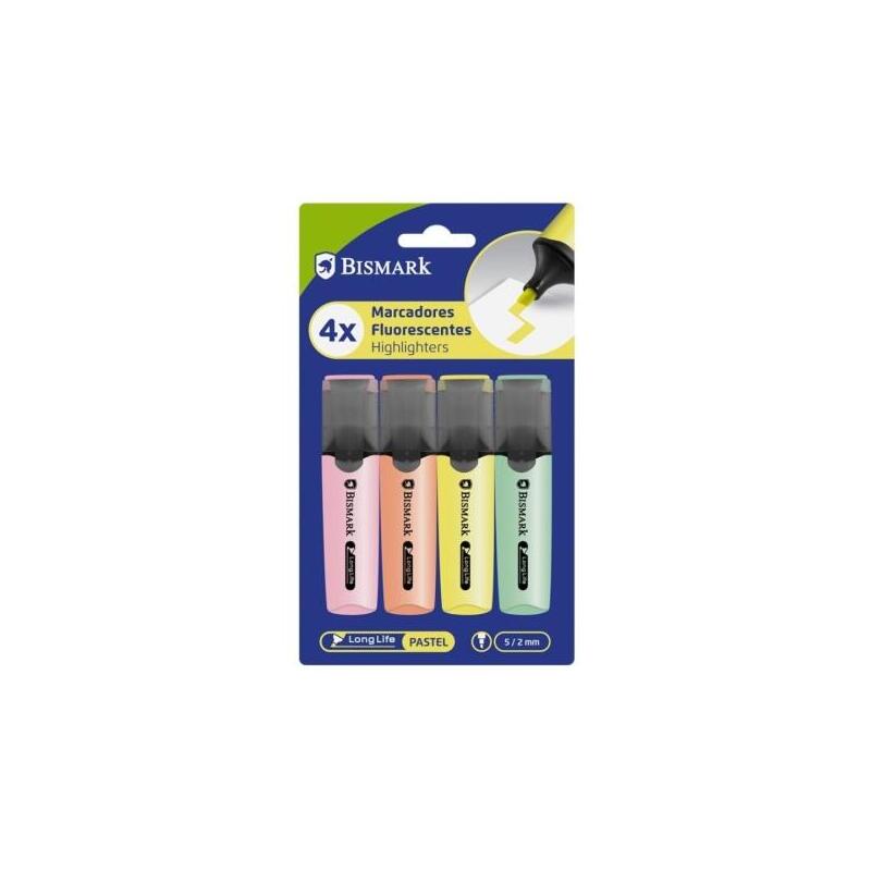 Bismark Pack De 4 Marcadores Fluorescentes - Punta Biselada 2 - 5mm Aprox - Tinta Base De Agua - Larga Duracion -
