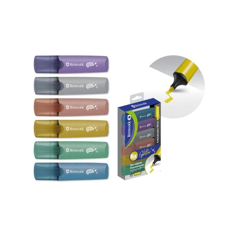 Bismark Pack De 6 Marcadores Fluorescentes Glitter Metalizados - Tinta De Secado Rapido - Punta Biselada - Ideal Para