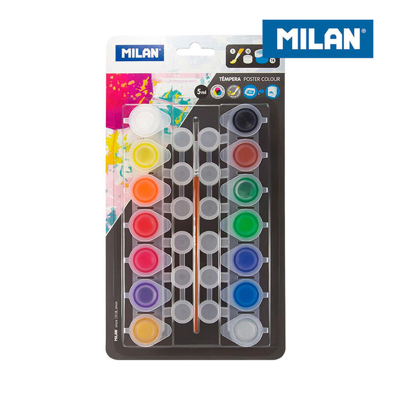 Blister 14 Tarros Tempera 5ml + 12 Botes De Mezclas Y Pincel Milan