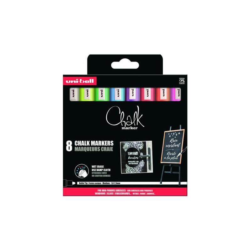 Blister 8 Rotuladores Efecto Tiza Modelo Pwe 5m Colores Blanco, Amarillo, Verde, Azul, Rosa, Naranja, Rojo Y Violeta Uniball 302422090