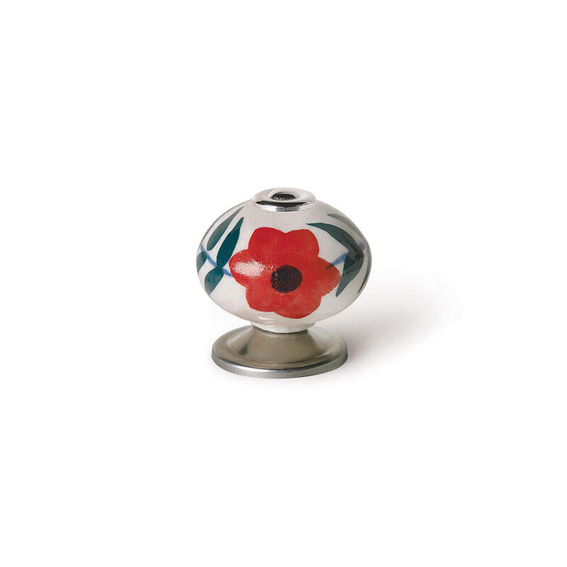 Blister Con 4 Pomos Redondos Para Mueble Fabricado En Porcelana Acabado Flor Rojo Mod. E500 Ø40mm Rei