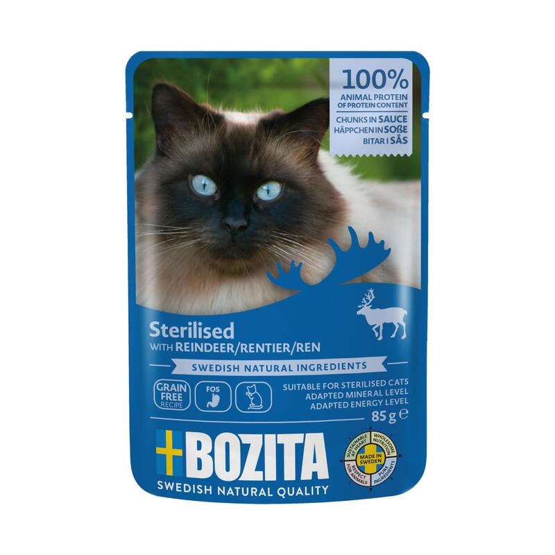 Bozita Comida Esterilizada Para Gatos, Renos, Canapés En Salsa En Bolsa De Porciones, 12 X 85 G, Comida Húmeda Para Gatos
