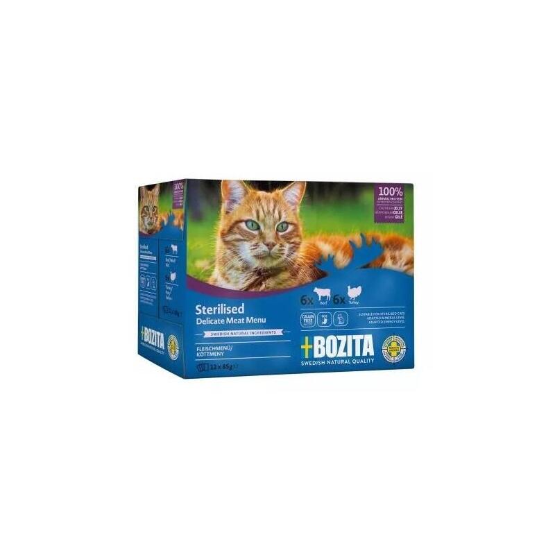Bozita Comida Húmeda Esterilizada Para Canapés En Jalea Con Carne, 12 Bolsas De 85 G, Sin Cereales Y Sin Trigo Para Gatos, Comida Húmeda Para Gatos Con 8,5% De Proteína Y 3,5% De Contenido De Grasa