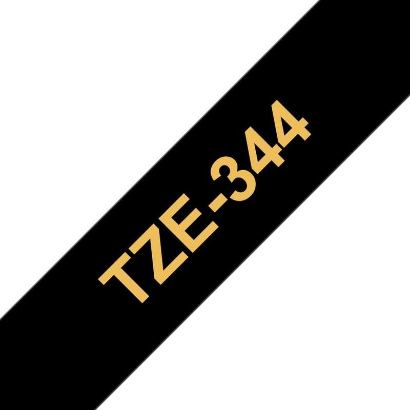 Brother Tze344 Cinta Laminada Generica De Etiquetas - Texto Dorado Sobre Fondo Negro - Ancho 18mm X 8 Metros