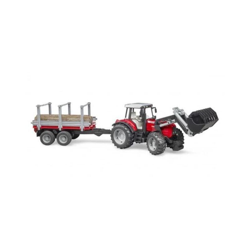 Bruder 02046 - Massey Ferguson 7480 Con Cargador Frontal, Remolque De Transporte De Madera, 3 Troncos, Tractor