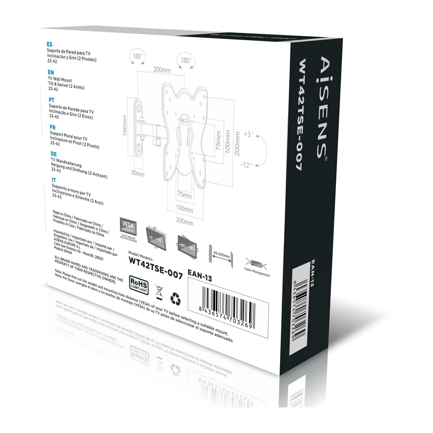 Aisens Soporte De Pared Para Pantallas 23-42'/58-106cm Hasta 25kg (2 Pivotes) Extensible / Giratorio / Inclinable Vesa Max. 200*200