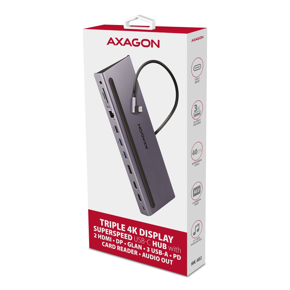 Axagon Hmc-4kx3 Usb 3.0 Hub, Minidp + 2x Hdmi, Lan, Pd, 3x Usb-A, Sd-Kartenleser, Audio