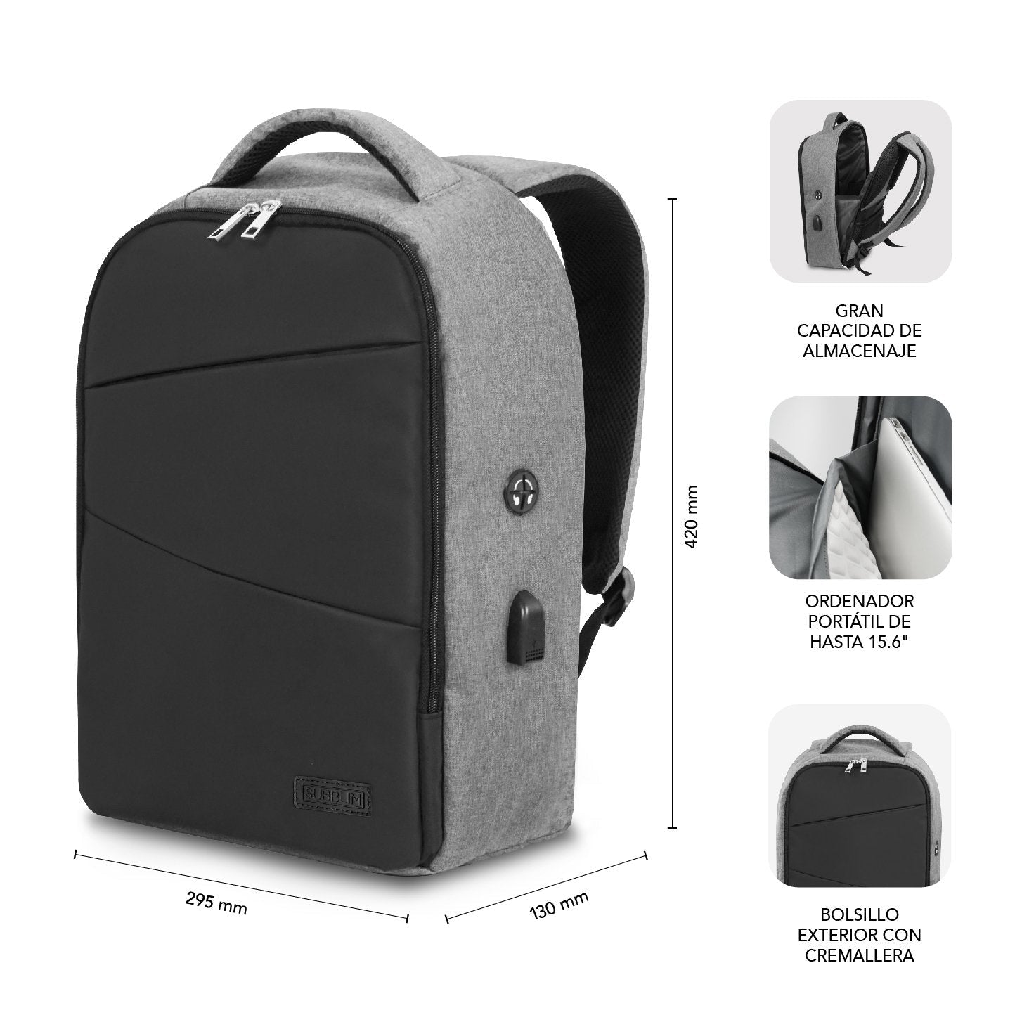 Mochila Secure V2 Ap Antirobo 16'' Gris Subblim Apertura Doble Cremallera/ Puerto Usb/ Asa De Mano Superior
