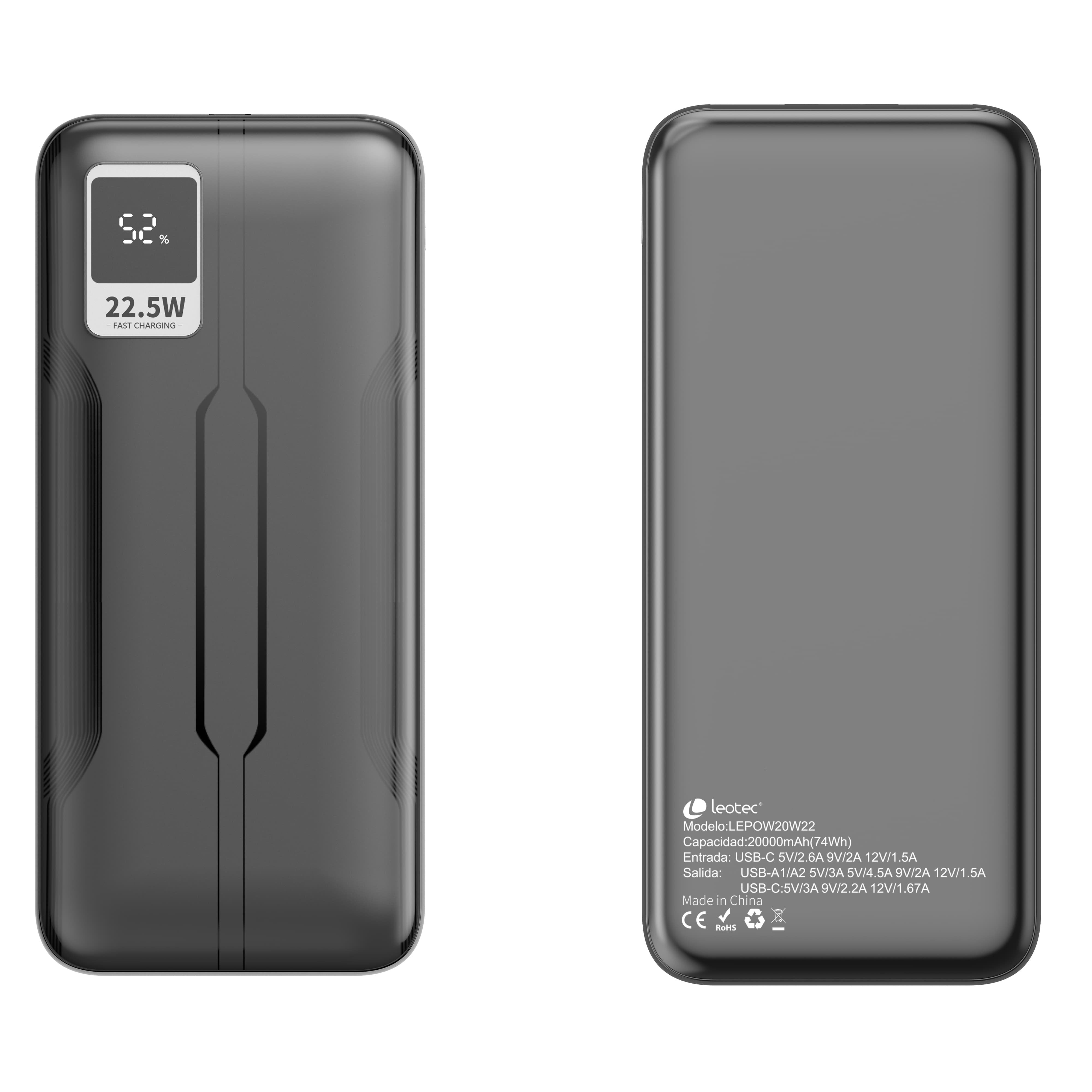 Leotec Powerbank 20000mah 22,5w Pd20w Neg (1 Usb-C+2usb-A Inc Usb-A A Usb-C)