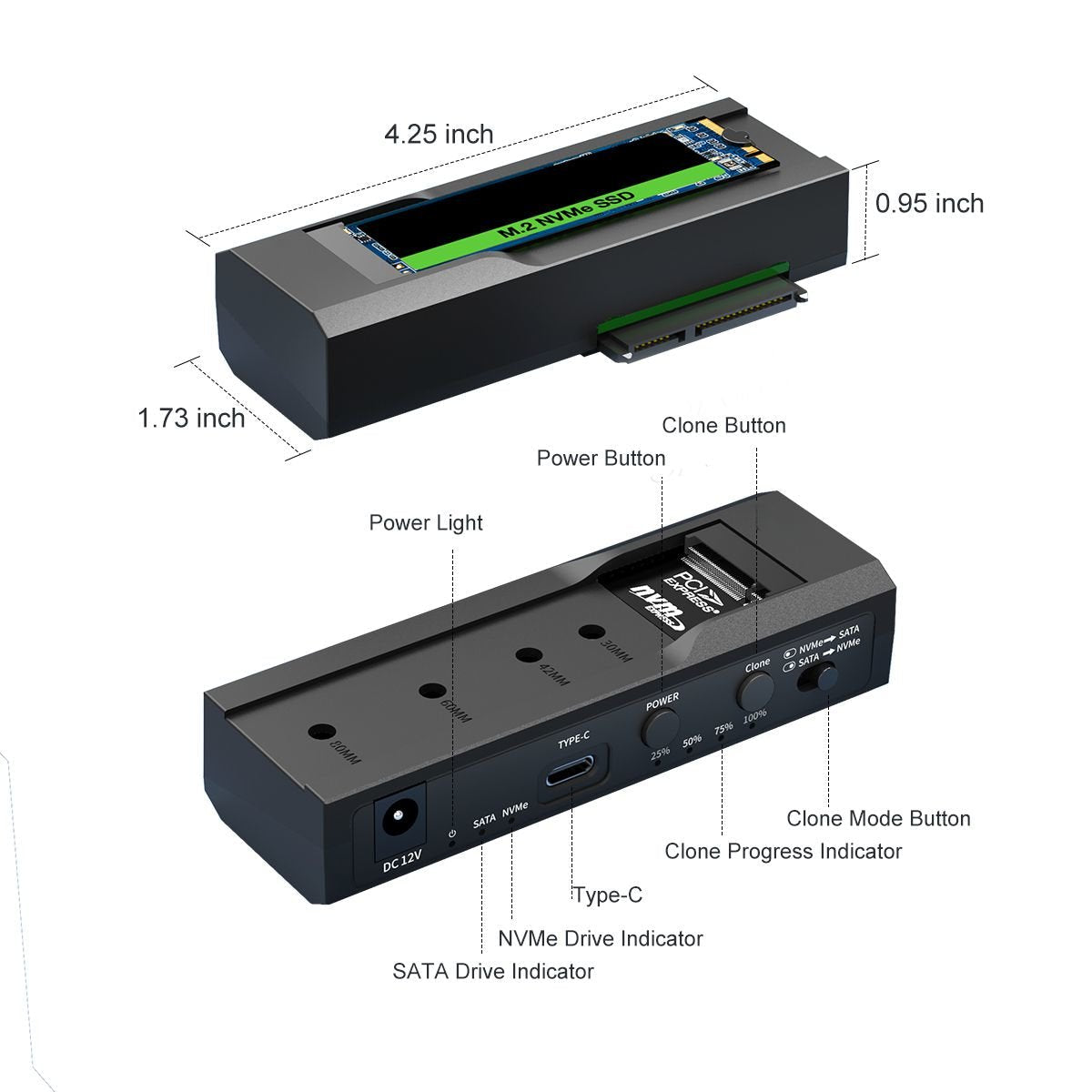 Usb-C 10gbps To Dual Bay - Hdd/Nvme M2 Ssd Clone - Converter For 2.5 And 3.5 Sata - Warranty: 24m