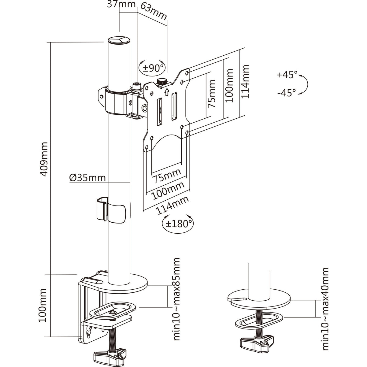 Inline® Desk Bracket For Tv / Led / Tft Display Up A 81cm 32" Max. 9kg Negro