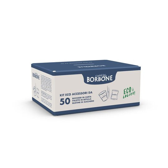 Kit Ecologico 50 Vasos Papel + Paleta Abedul Madera + Azúcar Café Borbone