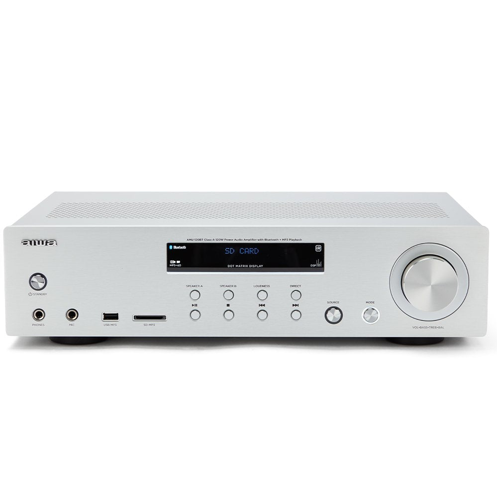 Amplificador Aiwa Amu-120bt Plata 2xcanales/Chasis Metal/2xout 60w/Bt 5.0/Usb/Sd Amu-120btsr