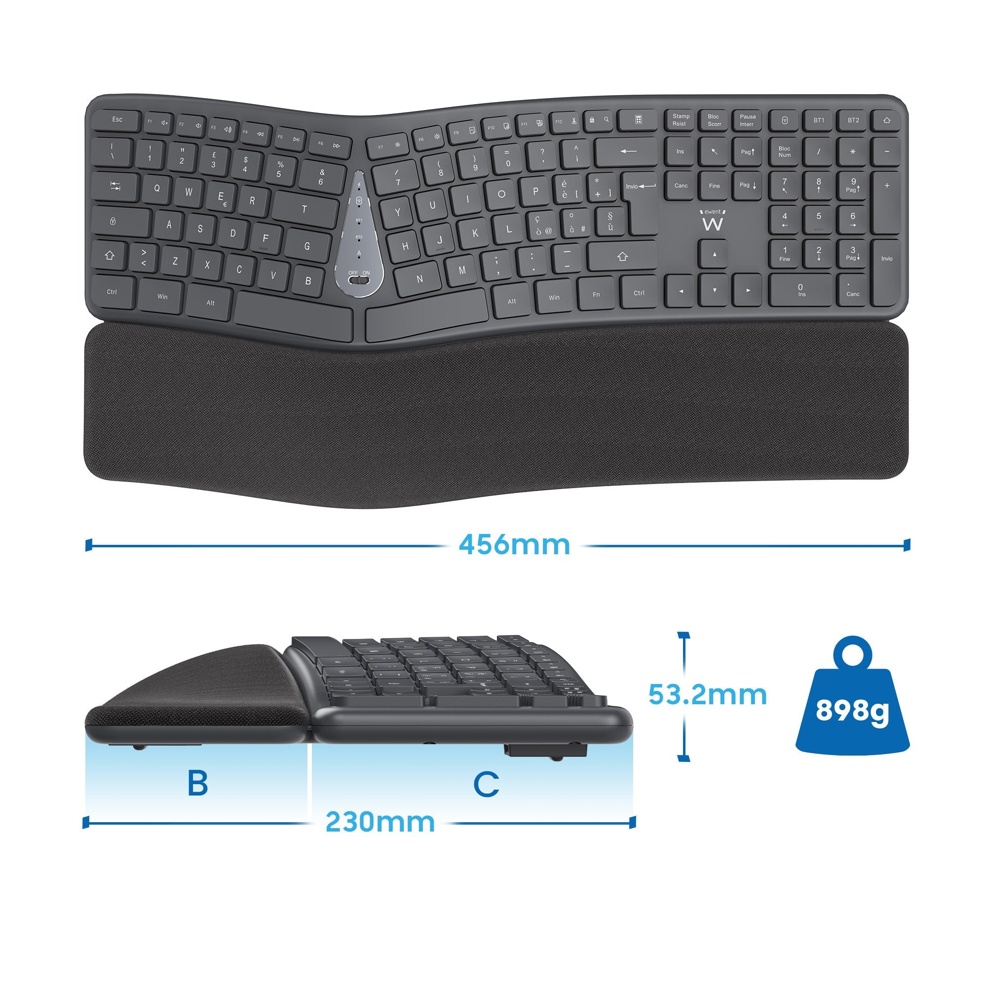 Ewent Teclado Inalambrico - Ergonomico - Bateria De Litio Recargable De 300mah - Teclas De Bajo Perfil Y Silenciosas -