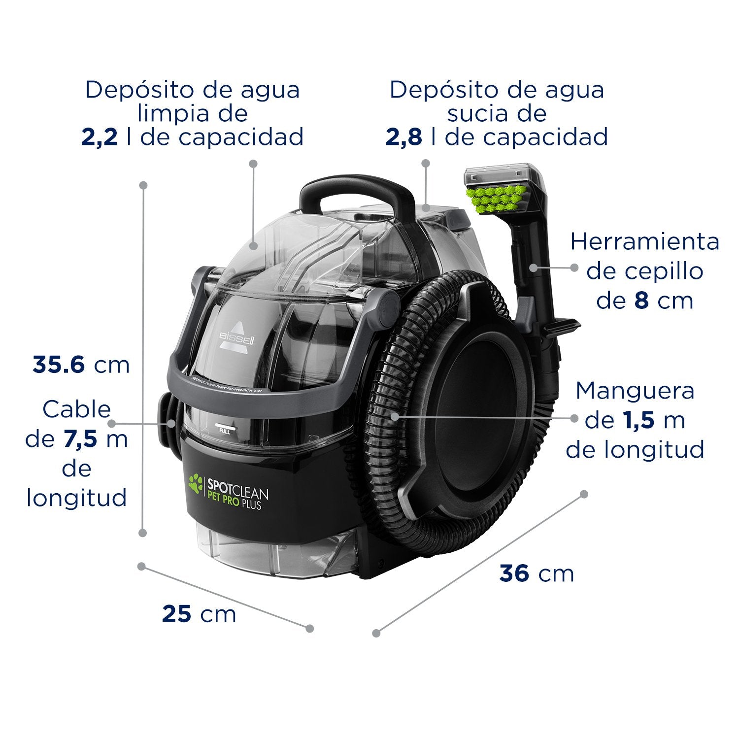 EAN 11120272369 - Bissell SpotClean Pet Pro Plus Limpiador a vapor de cilindro 2,8 L 750 W Negro, Transparente imagen 8