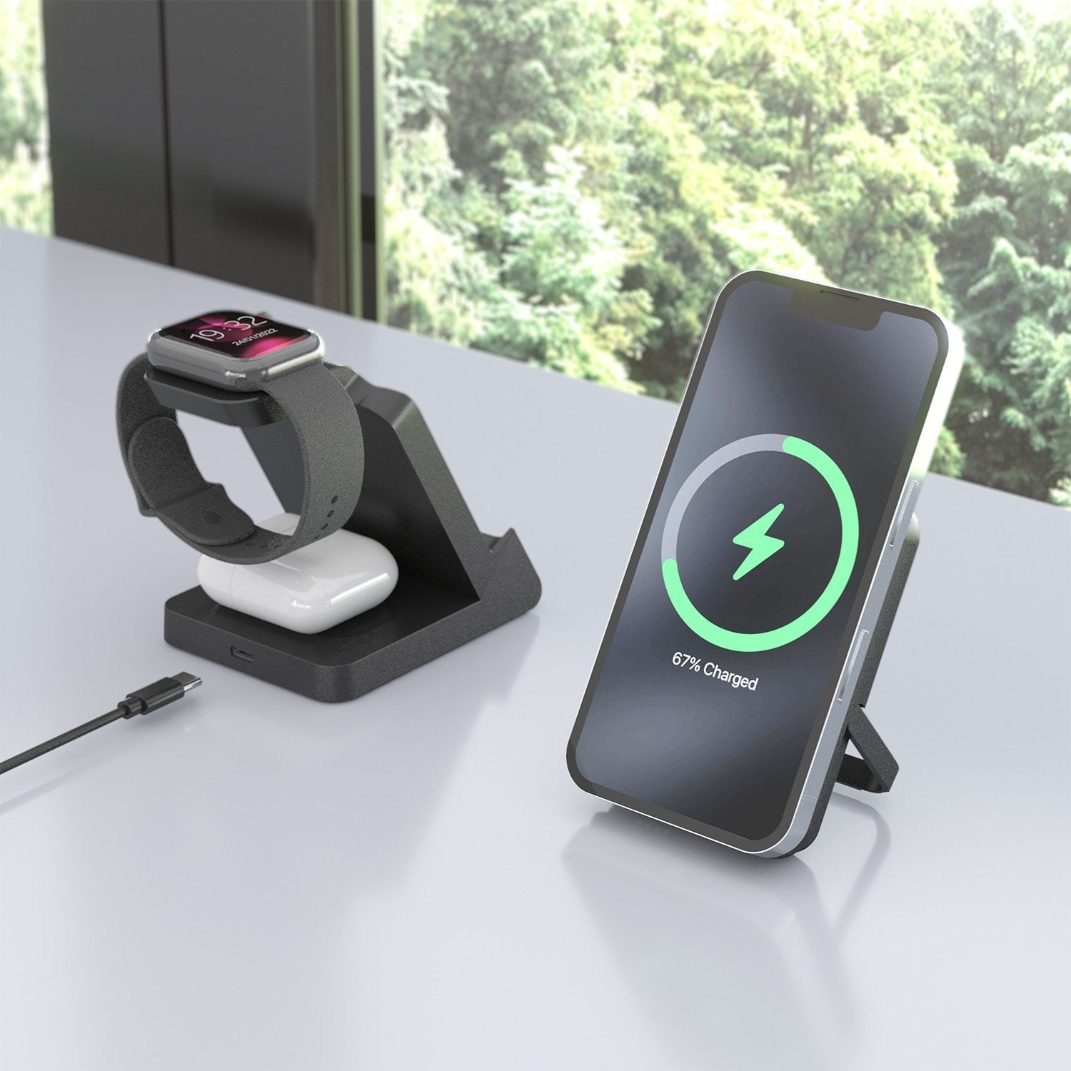 Aisens Cargador Inalambrico Usb-C 4 En 1 De 15w Para Movil, Apple Watch, Auriculares Con Estuche De Carga, Negro