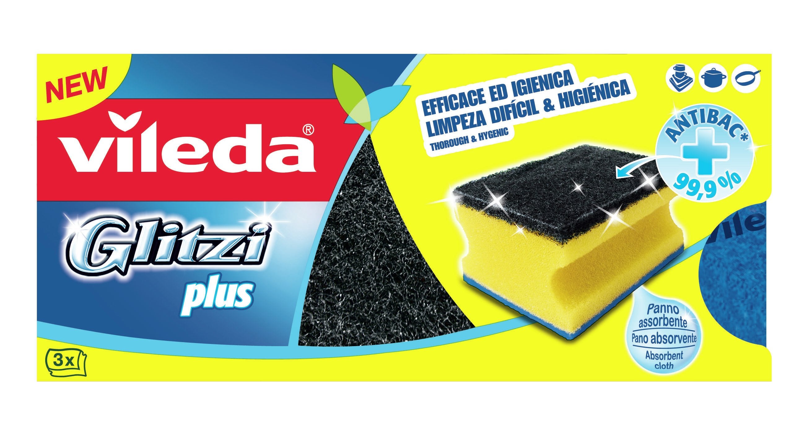 EAN 4003790001444 - Vileda 139787 esponja Rectangular Fibra Negro, Azul, Amarillo 3 pieza(s) imagen 2