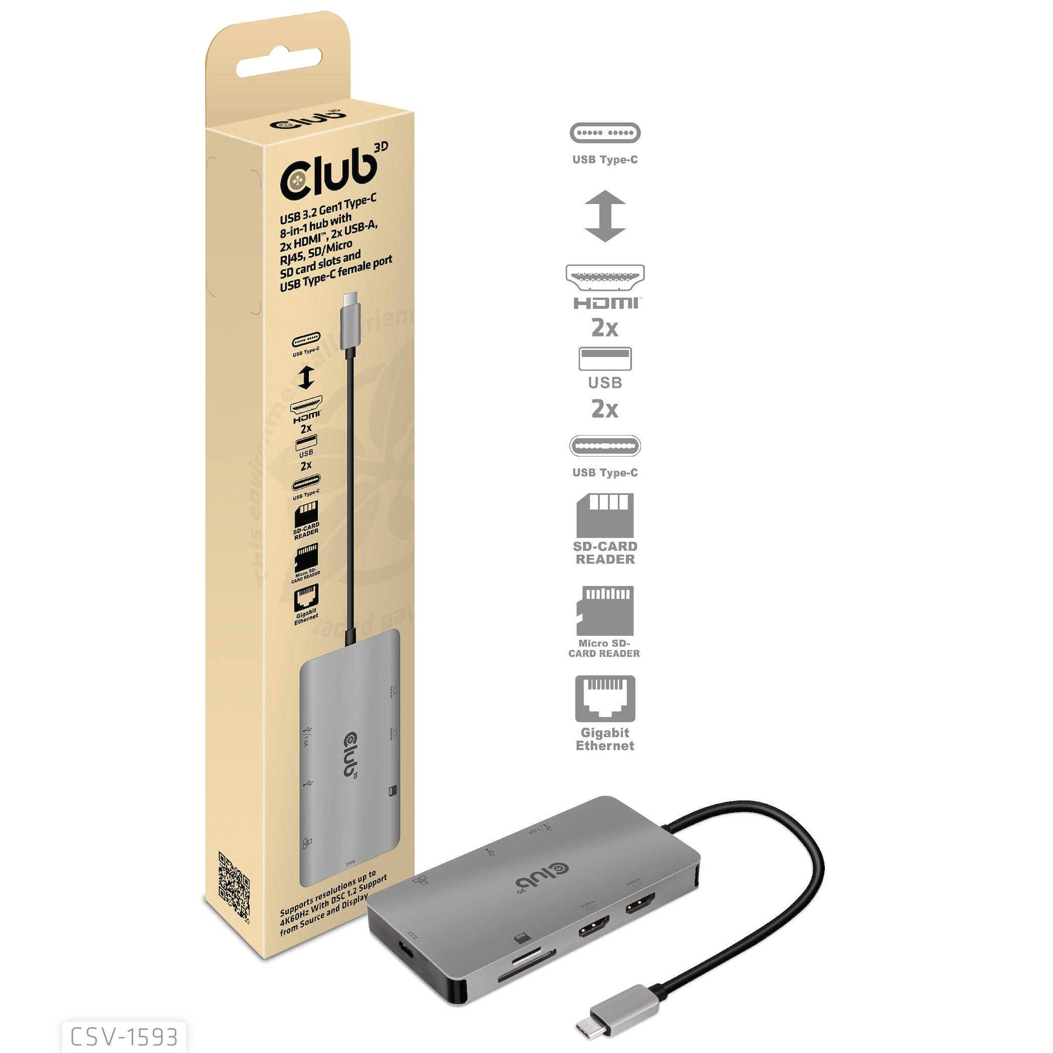 EAN 8719214471828 - CLUB3D CSV-1593 hub de interfaz USB 3.2 Gen 1 (3.1 Gen 1) Type-C 16200 Mbit/s Metálico imagen 3
