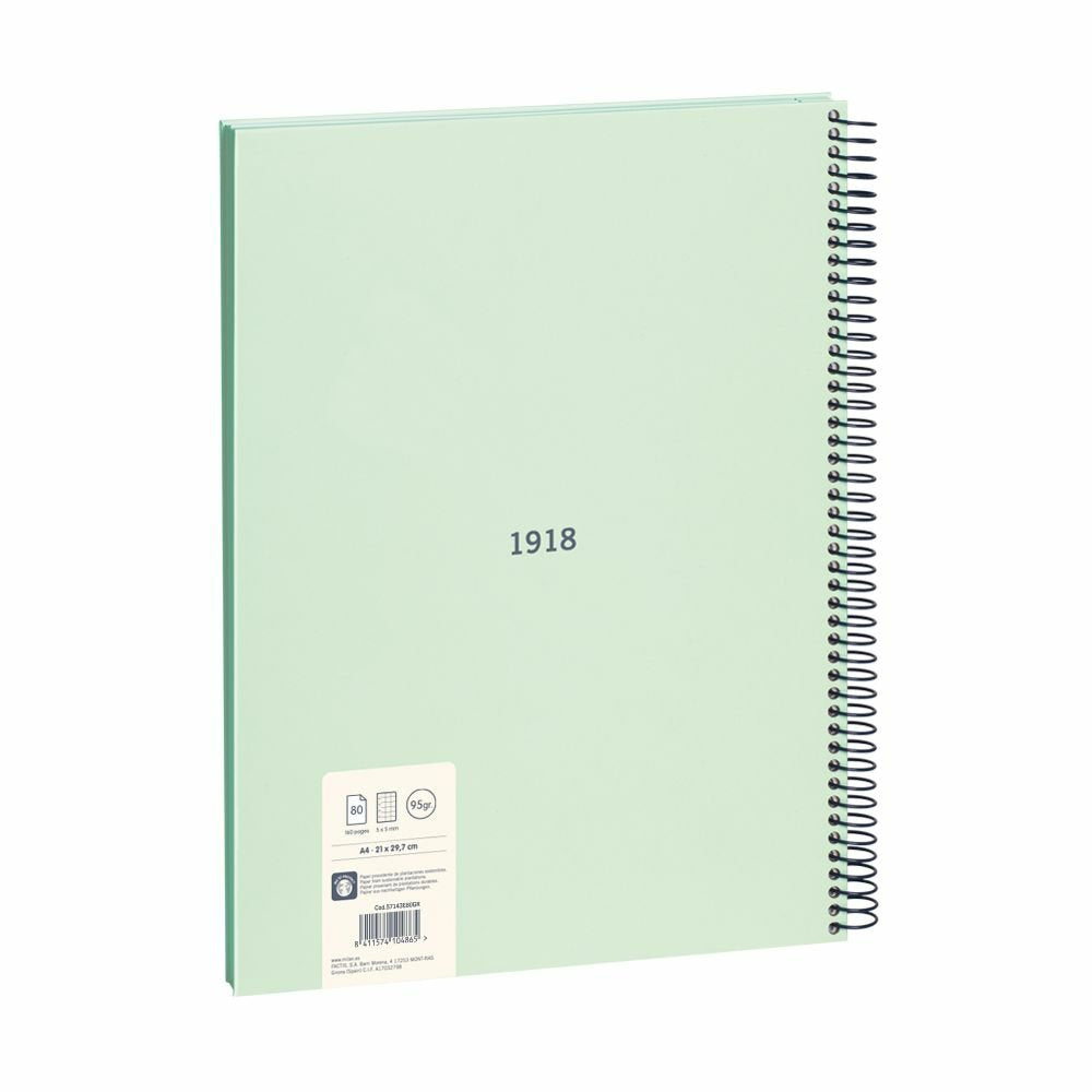 Milan Cuaderno Espiral Formato A4 Cuadricula 5x5mm - 80 Hojas De 95 Gr/M2 - Microperforado, 4 Taladros - Color Verde