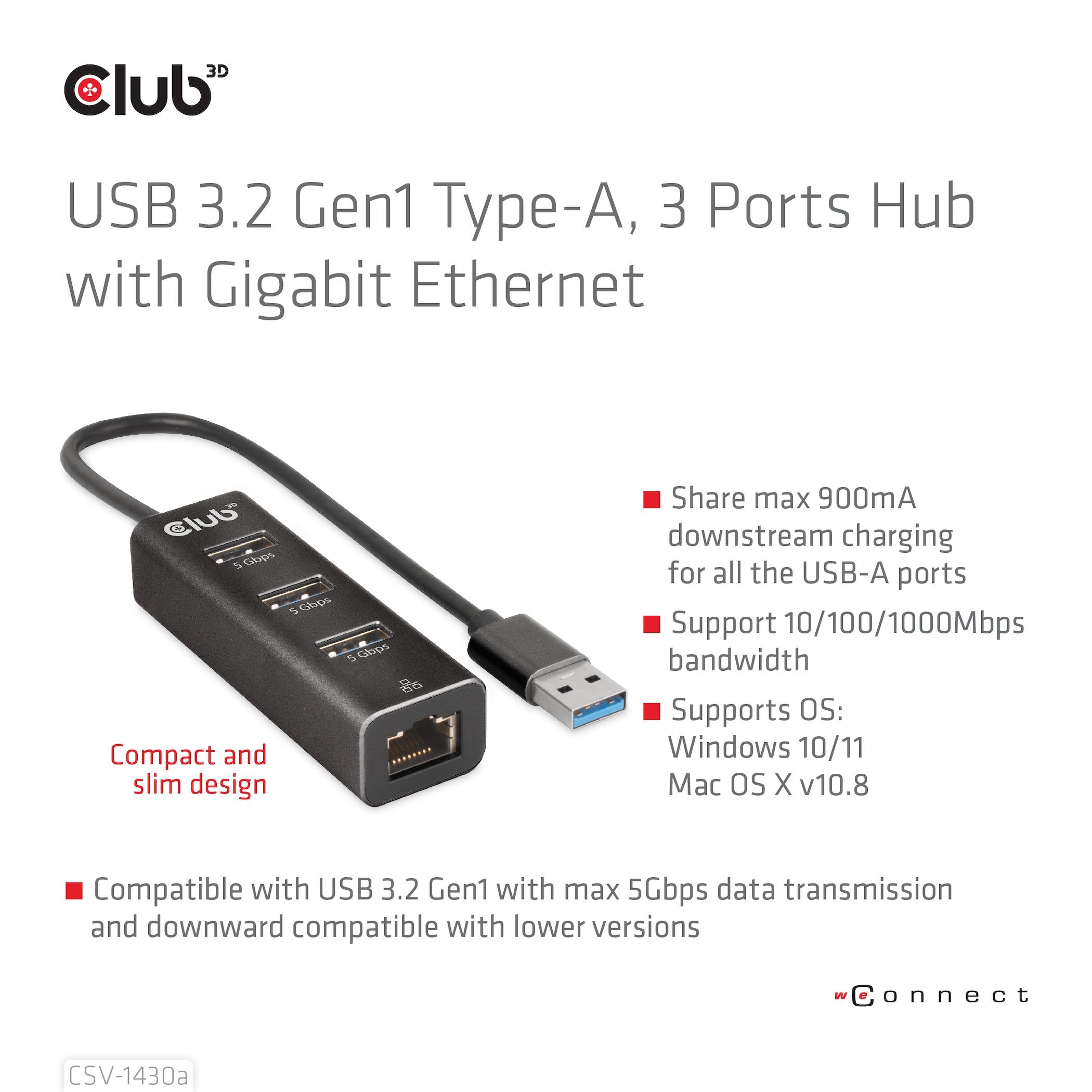 Club3d Usb 3.2 Gen1 Tipo-A, Hub De 3 Puertos Con Gigabit Ethernet