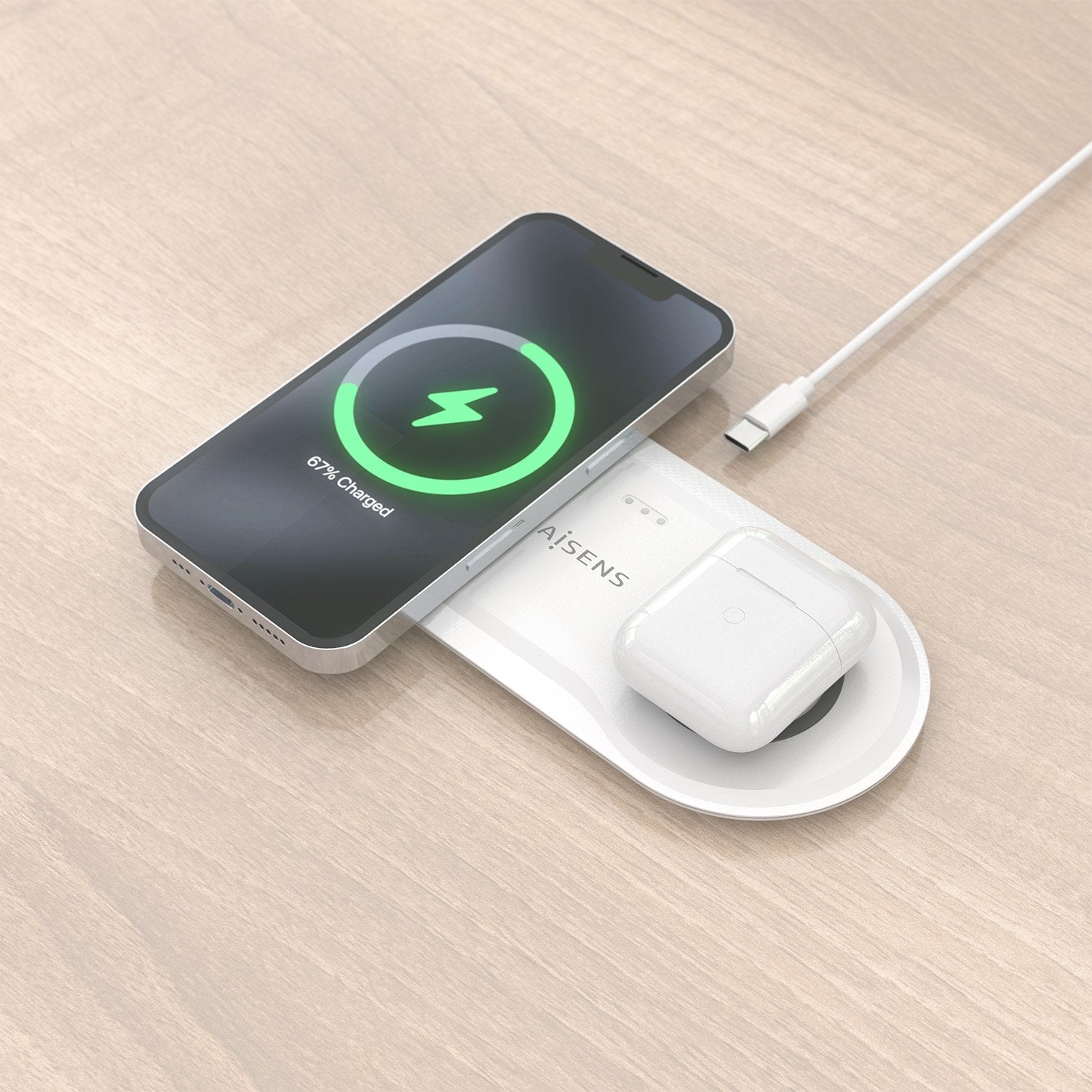 Aisens Cargador Inalambrico Usb-C 15w 2 En 1 Para Movil Auriculares, Blanco