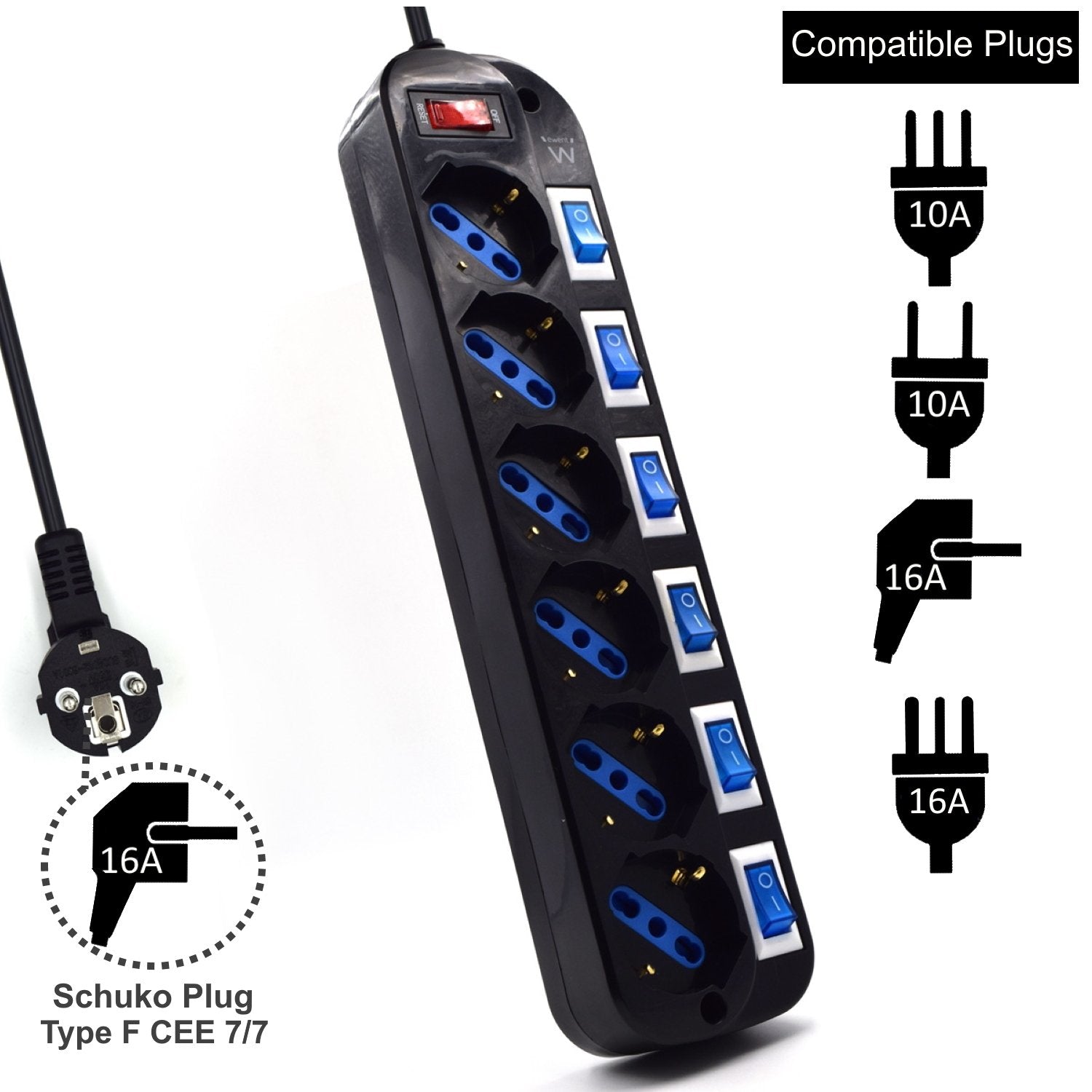 EAN 8054392617966 - Ewent EW3851 limitador de tensión Negro 6 salidas AC 220 V 1,5 m imagen 2