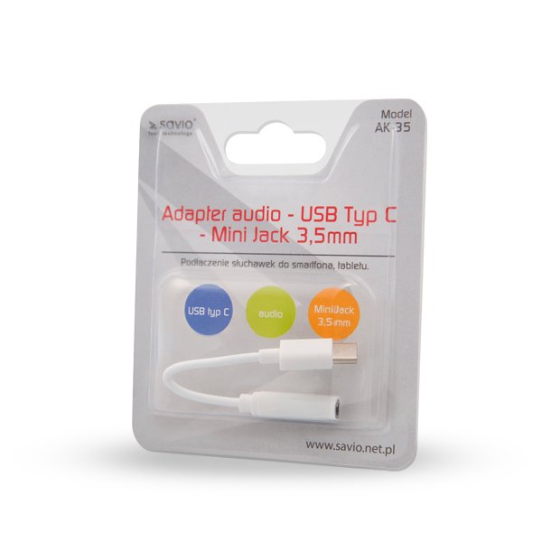 EAN 5901986047513 - Savio AK-35 mobile phone cable White 0.12 m USB C 3.5mm cable de teléfono móvil Blanco 0,12 m 3,5mm imagen 2