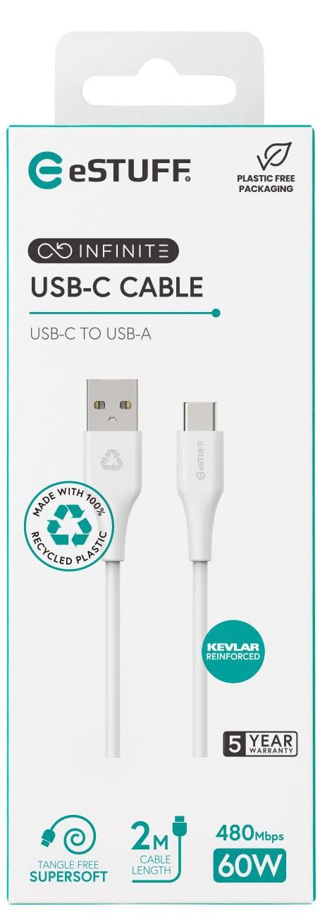 Infinite Usb-C To Usb-A Cable - 2m White. Recycled Plastic. - Super Soft - Warranty: 60m