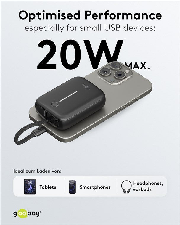 Goobay Powerbank 10.000 Mah, Integriertes Usb-C Cable 13cm, 20 Watt (Negro, 10 Ah, 1x Usb-A, 2x Usb-C, Pd, Qc) 76251