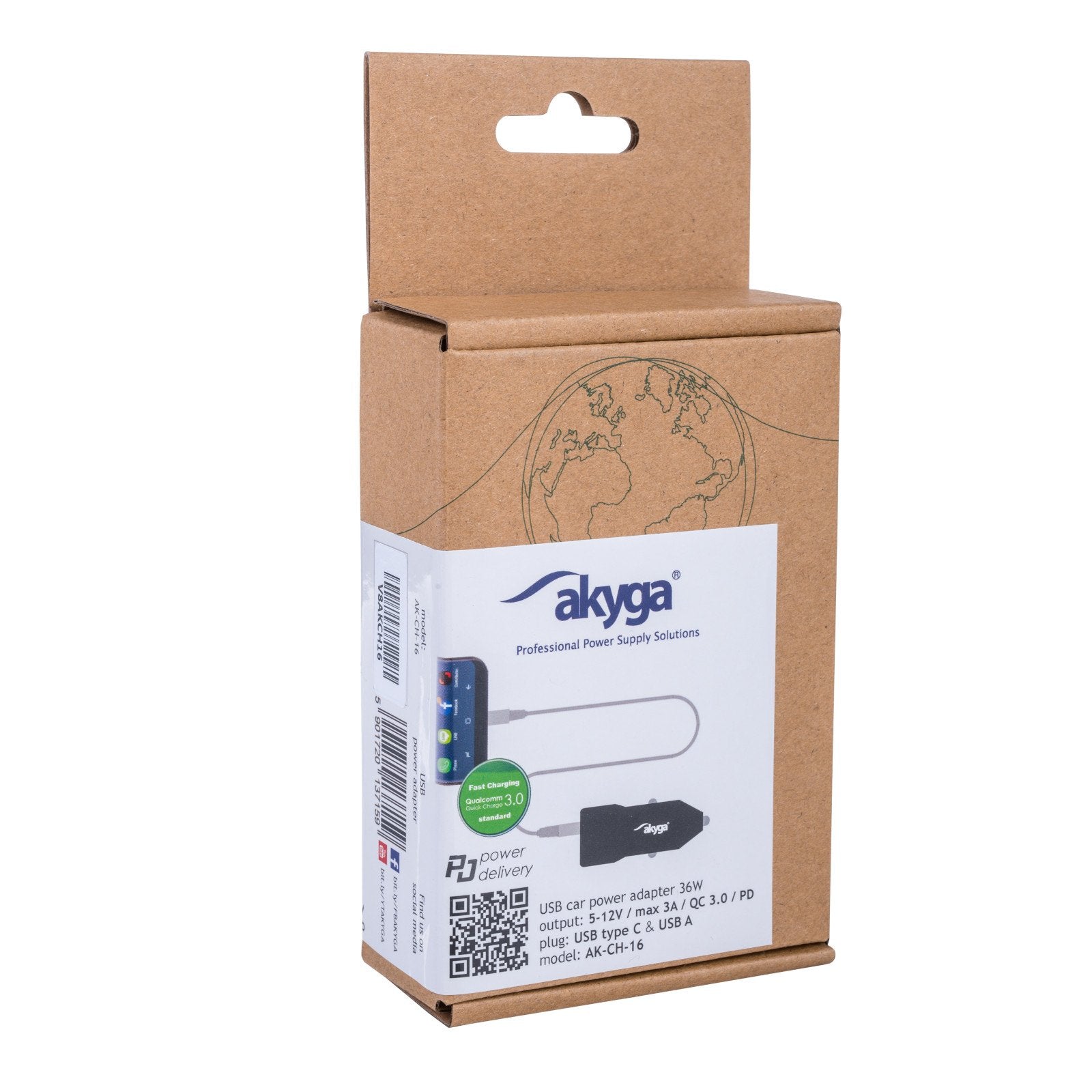 Akyga Cargador De Coche 12/24v Ak-Ch-16 36w Usb-A + Usb-C Pd Quick Charge 3.0 5-12v/1.5-3a Negro