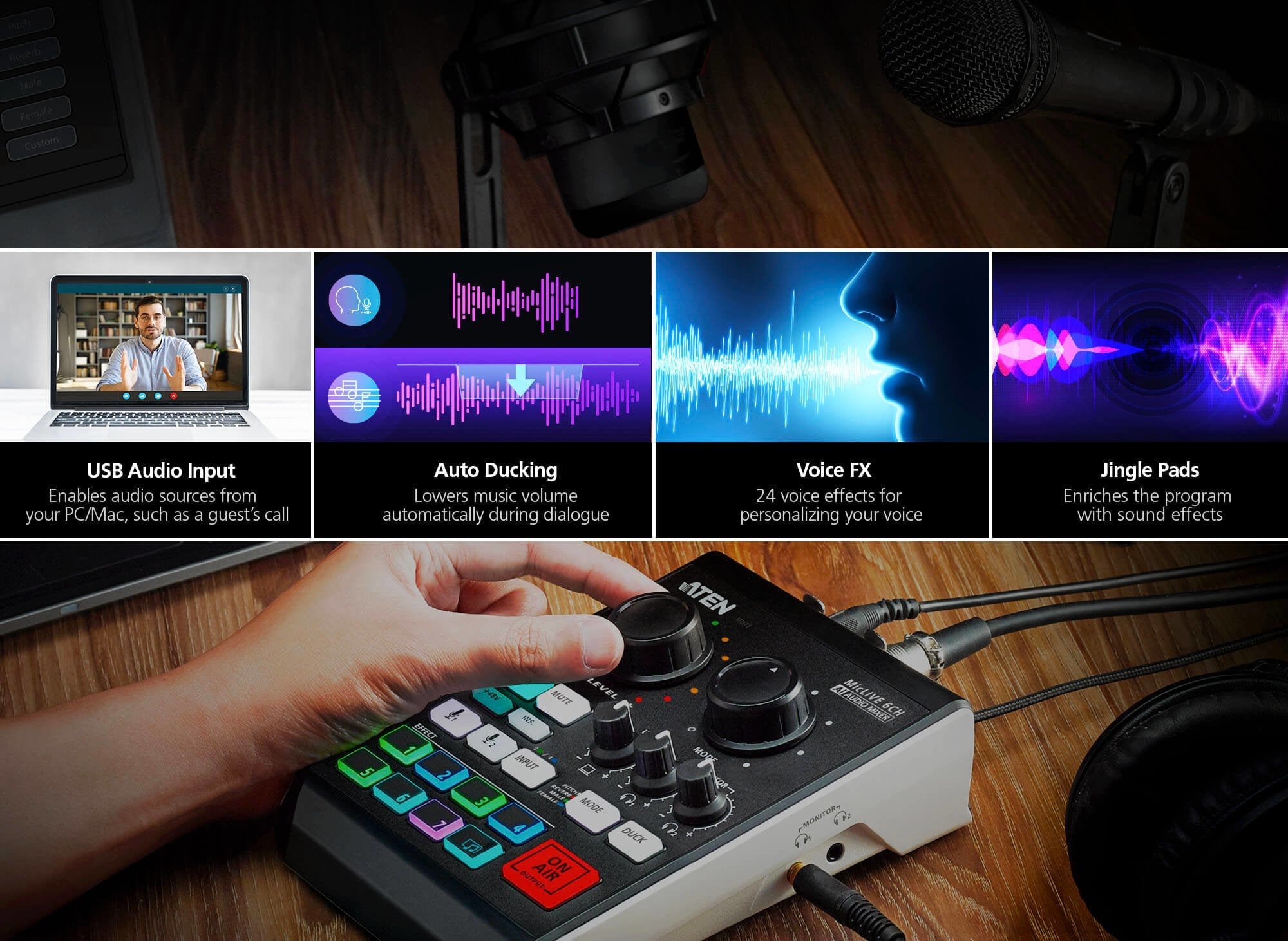 Aten Mezclador De Audio Para Pódcast Con Ia Miclive De 6 Canales