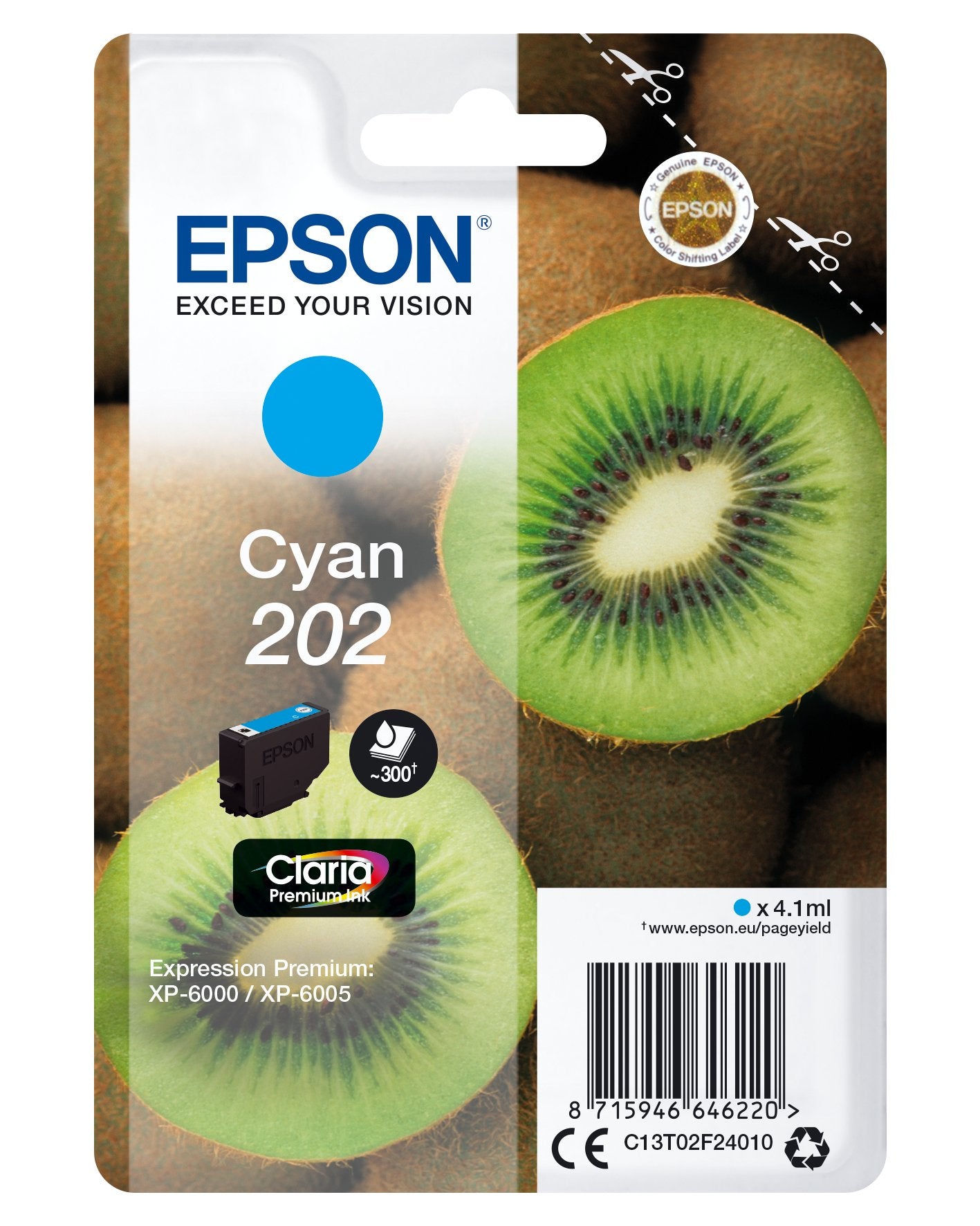 EAN 8715946646220 - Epson Kiwi 202 cartucho de tinta 1 pieza(s) Original Rendimiento estándar Cian imagen 1
