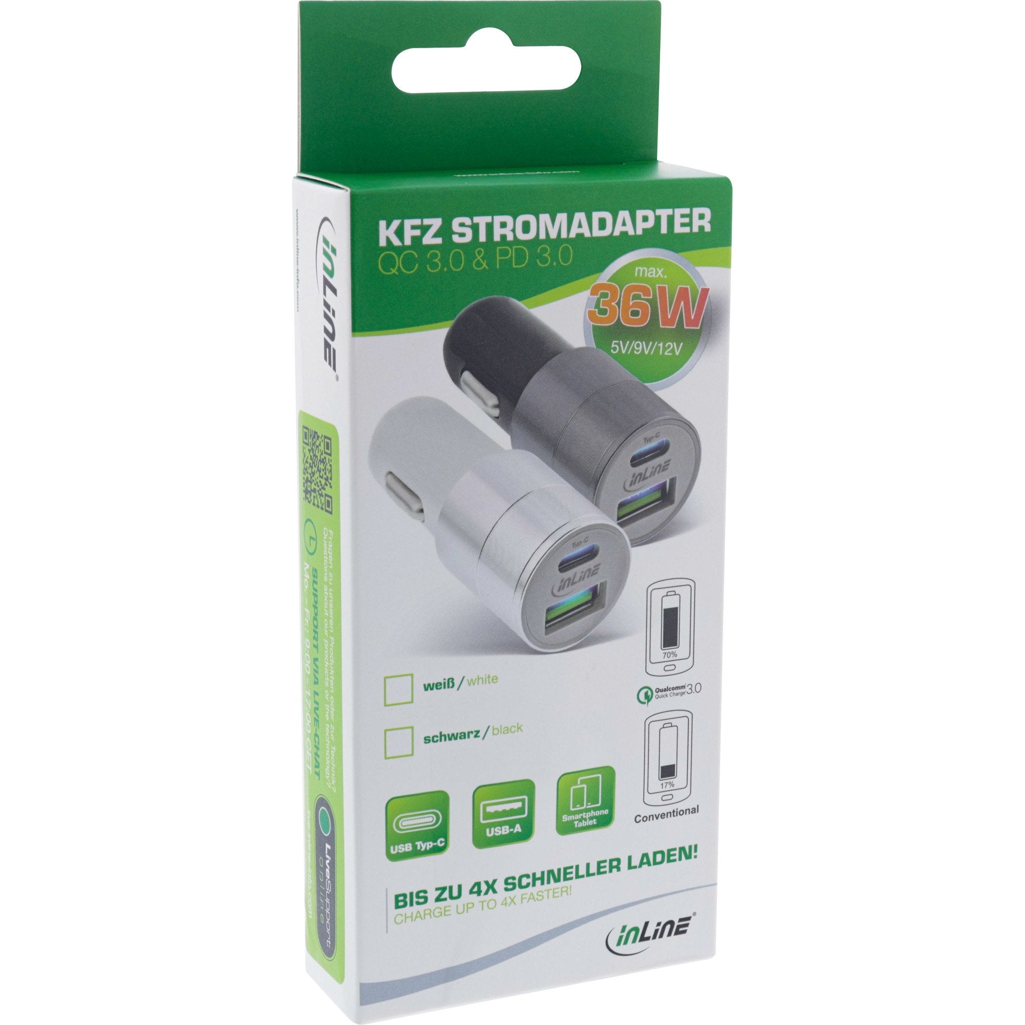 Cargador De Coche Usb Inline Quick Charge 3.0, 12/24vdc -> 5v Dc/3a, Usb-A + Usb Type-C, Negro