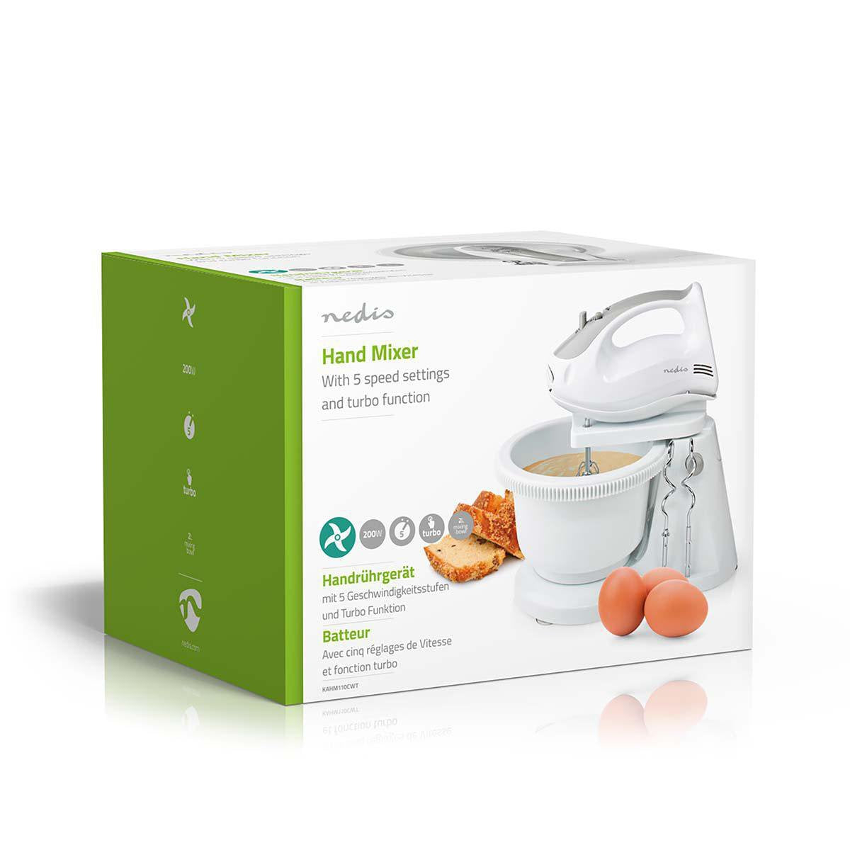 Nedis Batidora Mezcladora Bol Giratorio 2lt 200 W 5 Ajustes Velocidad Funcion Turbo Blanco/Gris