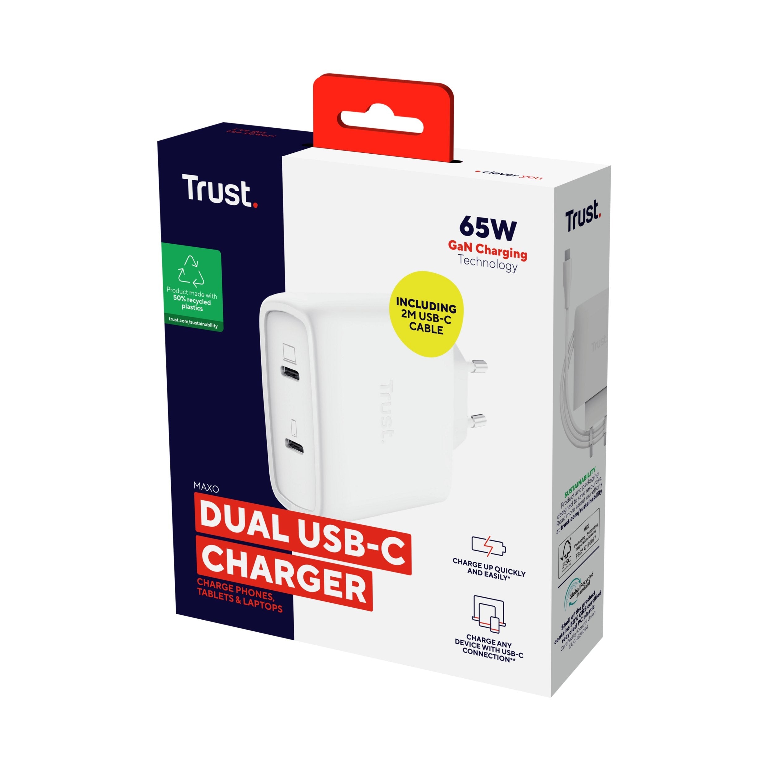 Cargador Usb Gan Trust Maxo 65w 2xusb-C Incluye Cable Usb-C 2m Color Blanco