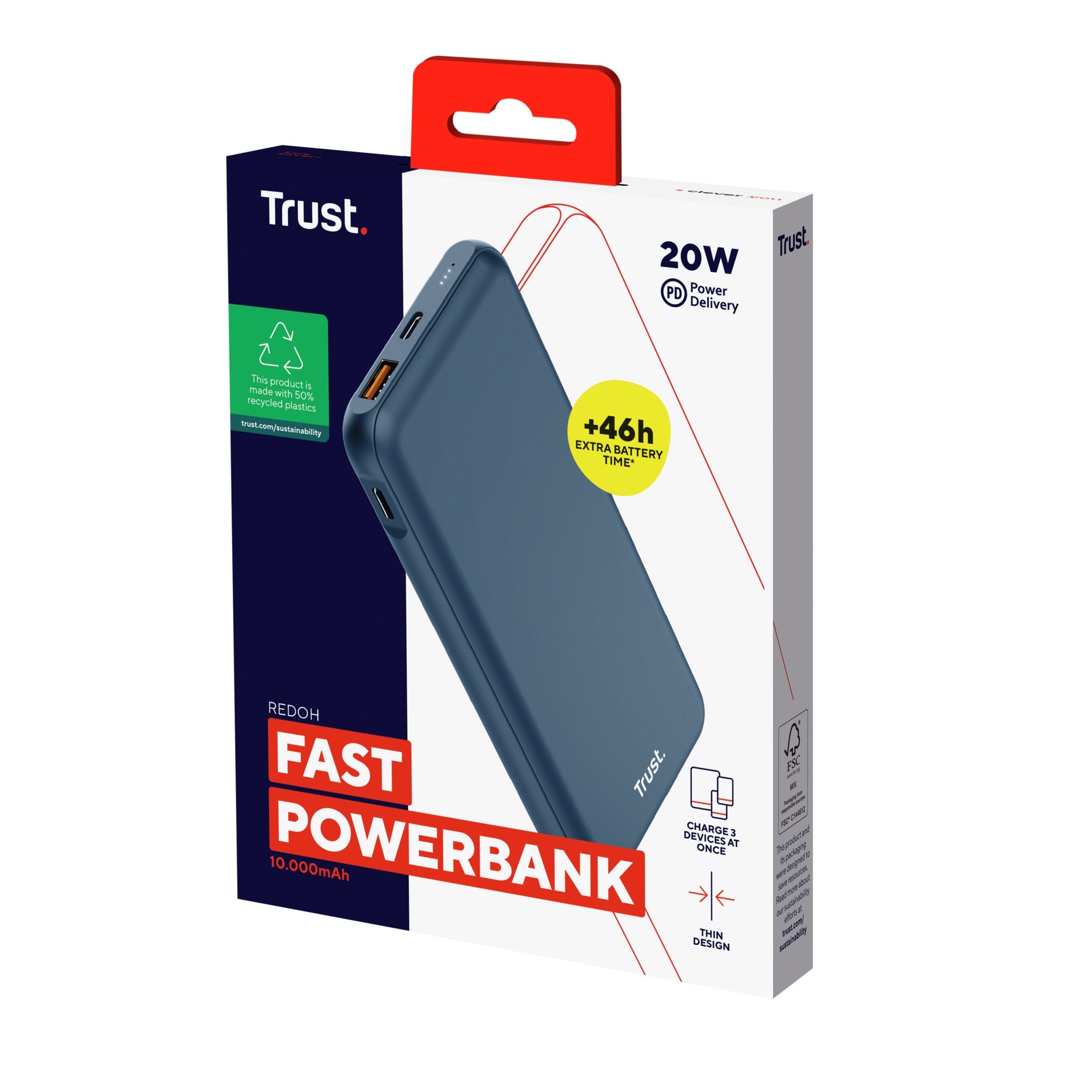 Powerbank Universal Trust 25032 Redoh 10000mah Color Azul 18w Carga Rapida 2xusb-C 1xusb-A