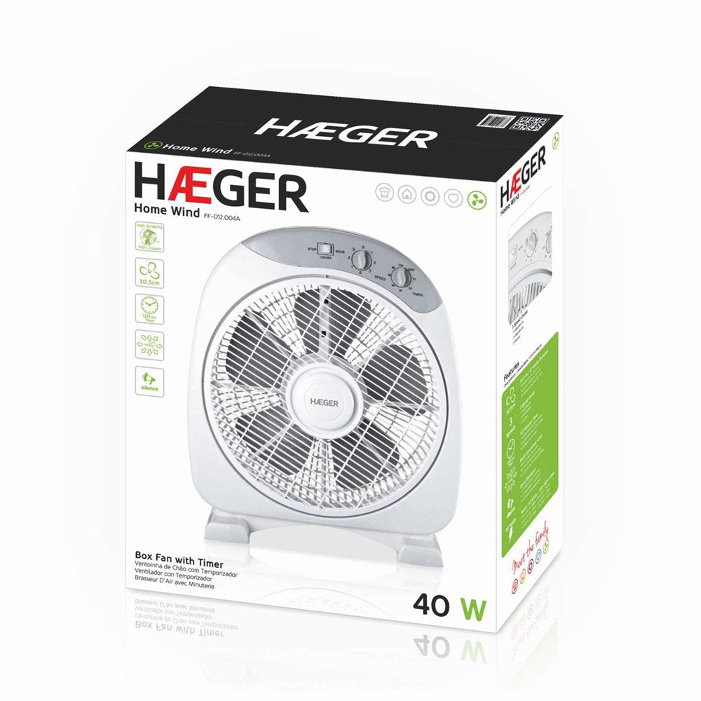 Ventilador De Suelo Haeger Home Wind 5 Aspas 40w Multidireccional Ø30cm 3 Velocidades Temporizador 60 Min Silencioso