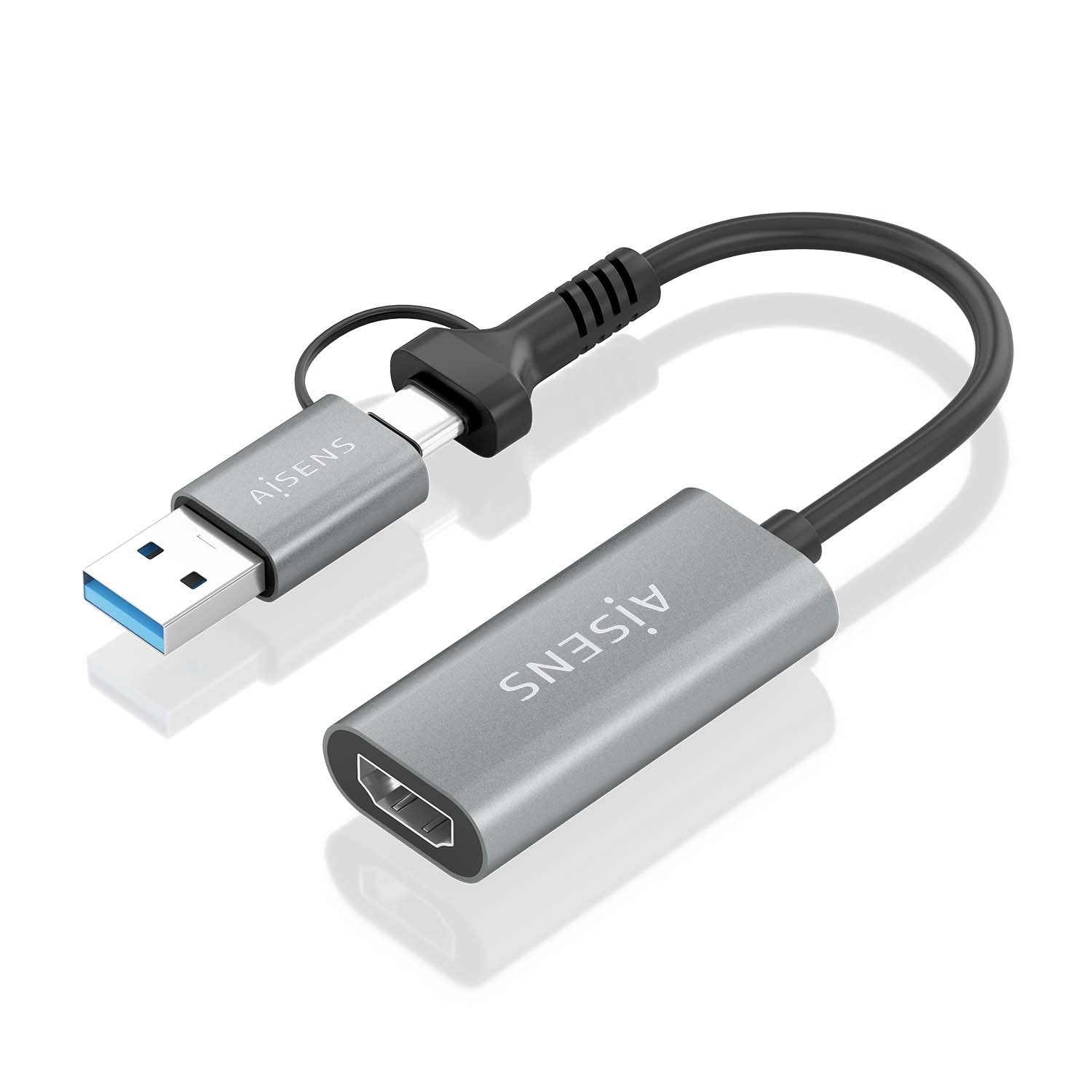Aisens Conversor Aluminio Usb-A+Usb-C A Hdmi 1080p@60hz, Usb-A/M+Usb-C/M-Hdmi/H, Gris, 15cm