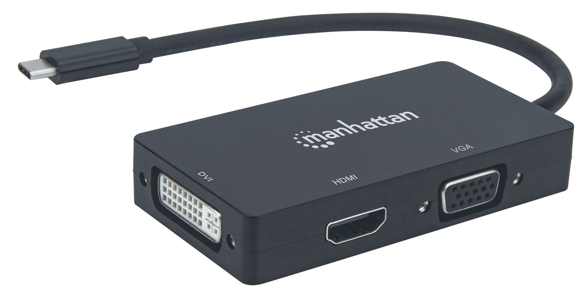 Manhattan Convertidor Usb-C A Multipuertos De A/V 3 En 1 Usb-C Macho A Conectores Hembra Dvi, Hdmi O Vga. Resoluciones: Hdmi A 4k@30hz, Vga Y Dvi A 1080p, Negro