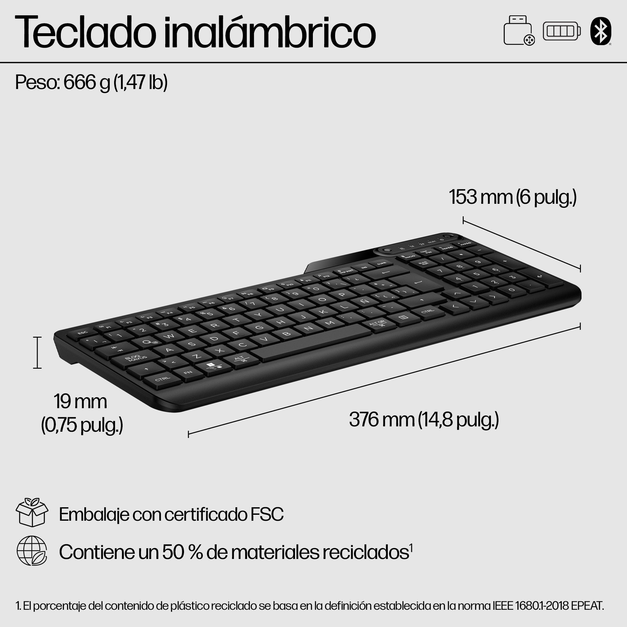 Teclado Español Hp 475 Modo Dual 12 Botones Programables Inalámbrico Bluetooth 5.3 Negro Azabache