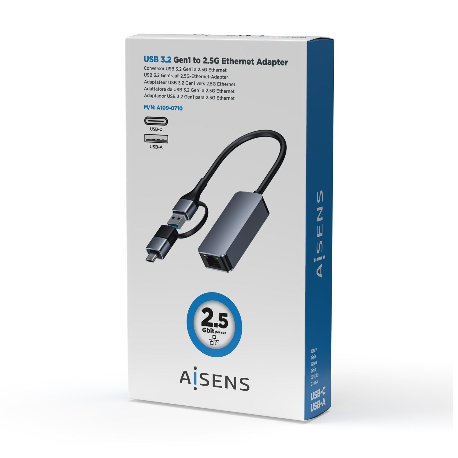 Aisens Conversor Usb3.2 Gen1 Usb-A+Usb-C A Ethernet 2.5g 10/100/1000/2500 Mbps - 15cm - Gris