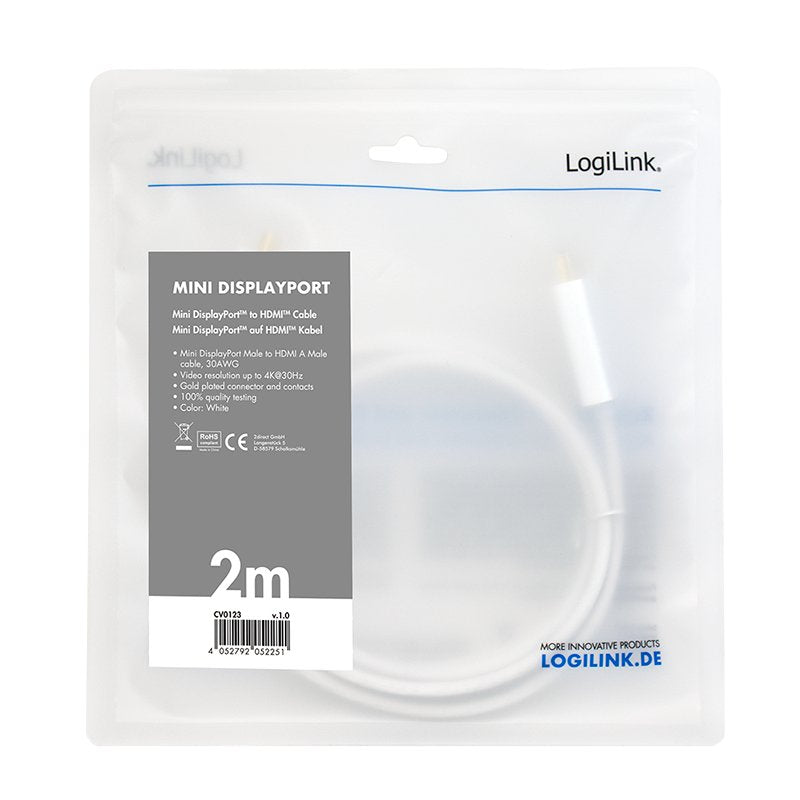 EAN 4052792052251 - LogiLink CV0123 adaptador de cable de vídeo 2 m Mini DisplayPort HDMI tipo A (Estándar) Blanco imagen 3