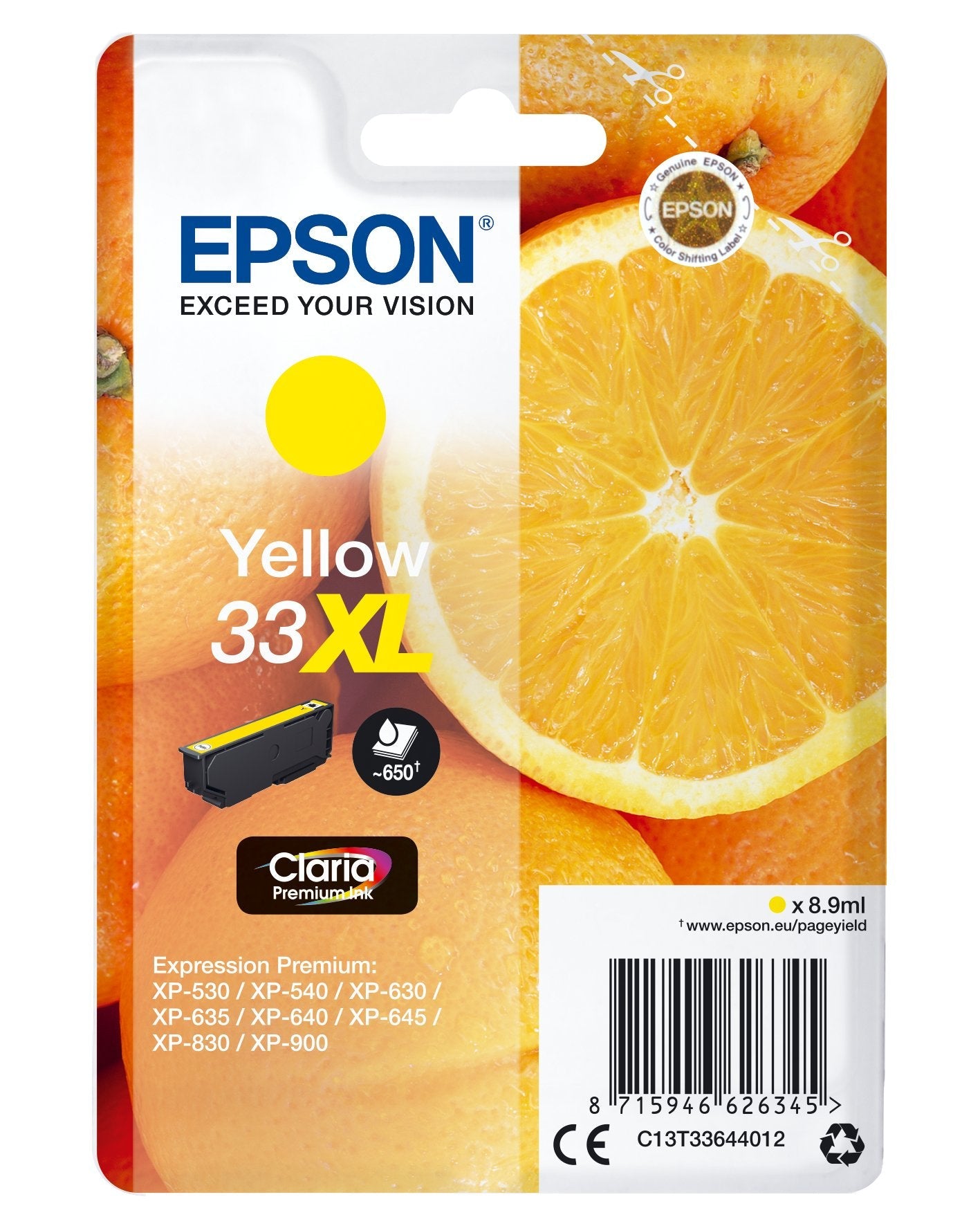 Epson 33xl 8.9 Ml Xl Amarillo Original Blíster Con Alarmas De Rf/Acústica Cartucho De Tinta Para Expression Home Xp-635 830 Expression Premium Xp-530 540 630 635 640 645 830 900
